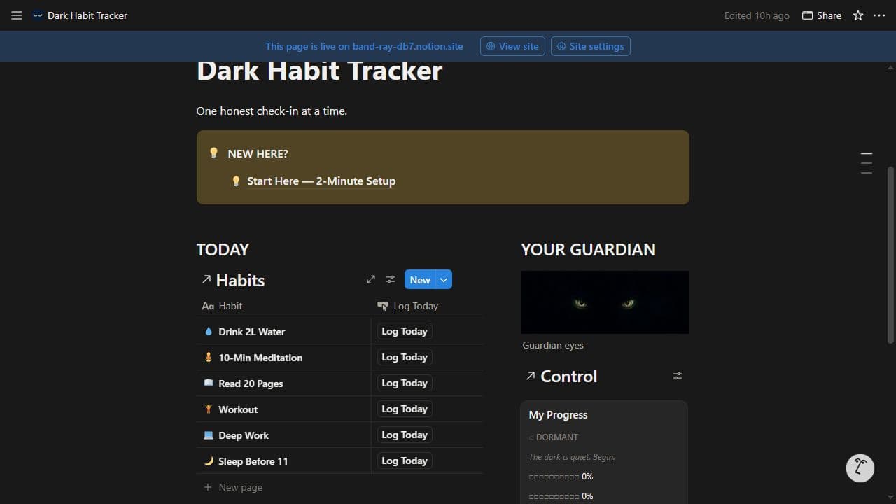 Dark Habit Tracker dashboard showing progress and daily habits