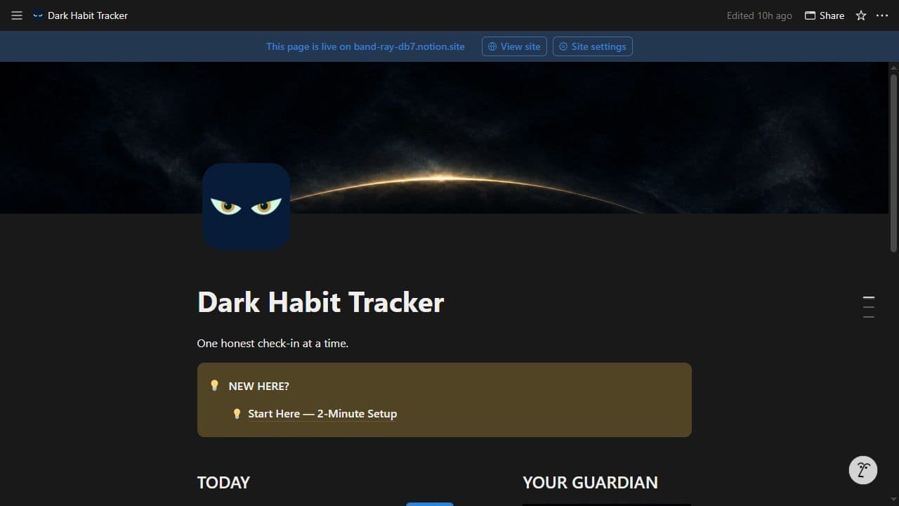 The Dark Habit Tracker home page with Guardian cover