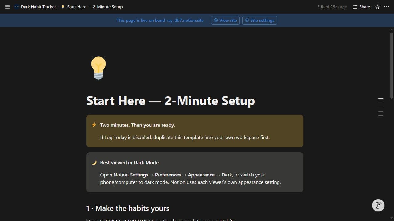 The included two-minute setup guide with Dark Mode instructions